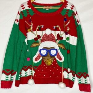 32 Degrees Ugly Christmas Sweater Reindeer Pom Pom 3D Novelty Holiday